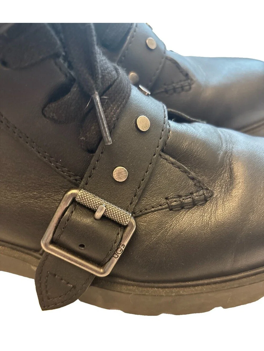 UGG Black Leather Motorcycle Lace Up Zipper Boots Women’s Size 12 Buckles Moto